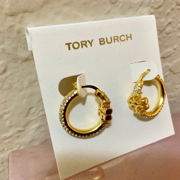 Tory Burch Eleanor Pave Crystal Gold Hoop Earrings NWT - Picture 11 of 16